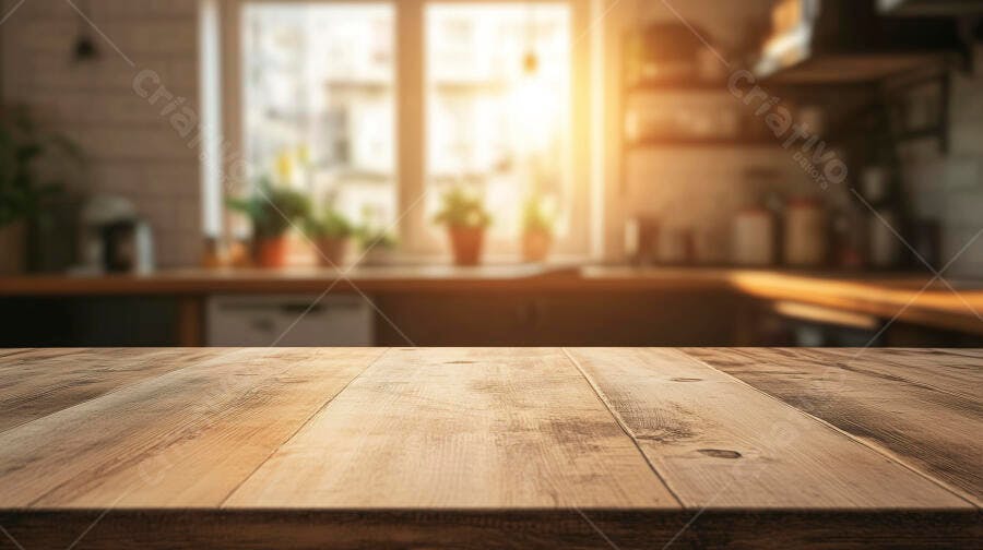 Foto Mesa de Madeira Rústica Cozinha com Luz Solar Fundo Desfocado