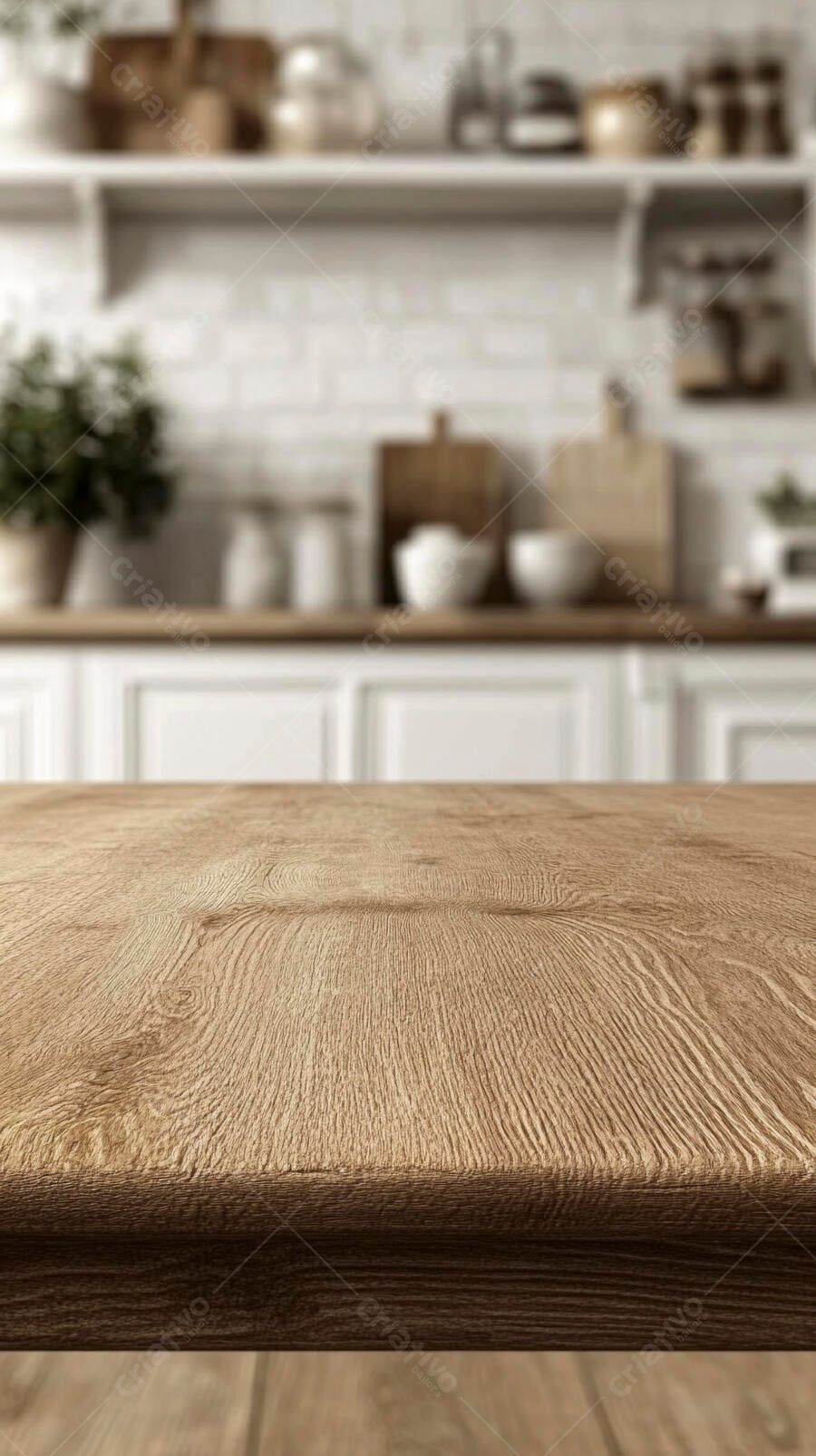 Foto Mesa de Madeira Vazia Cozinha Moderna Fundo Desfocado