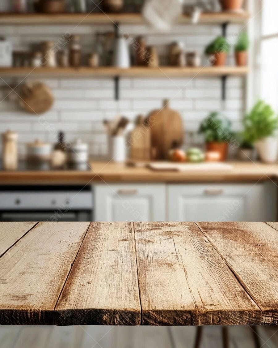 Foto Mesa de Madeira Rústica Cozinha Fundo Desfocado