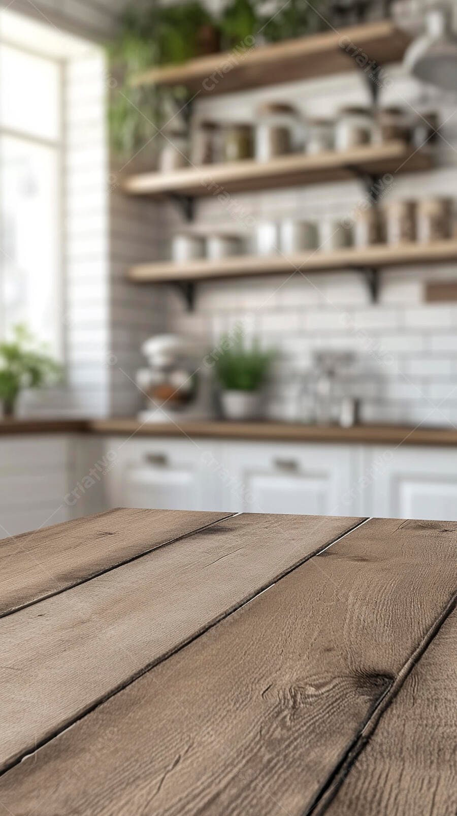 Foto Mesa de Madeira Rústica Cozinha Moderna Fundo Desfocado