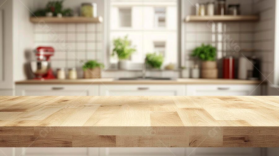 Foto Bancada de Madeira Cozinha Moderna Fundo Desfocado