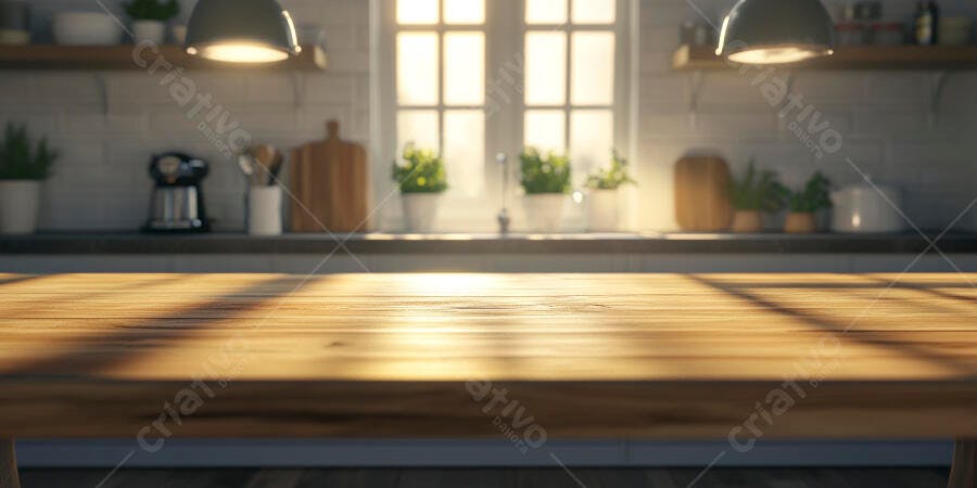 Foto Bancada de Cozinha Madeira Iluminada Luz Solar Fundo Desfocado