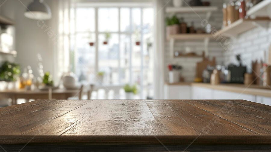 Foto Mesa de Madeira Vazia Cozinha Moderna Fundo Desfocado