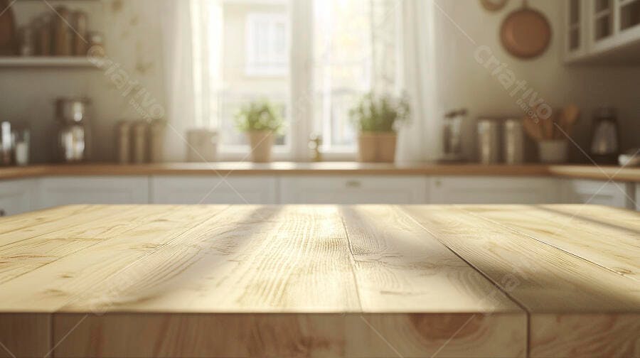 Foto Mesa de Madeira Vazia Cozinha Iluminada Pela Manhã