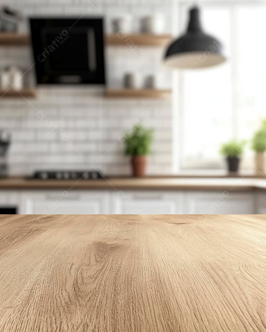 Foto Bancada de Madeira Cozinha Moderna Fundo Desfocado