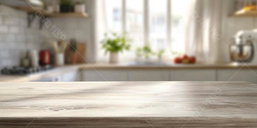 Foto Bancada de Madeira Cozinha Moderna Fundo Desfocado