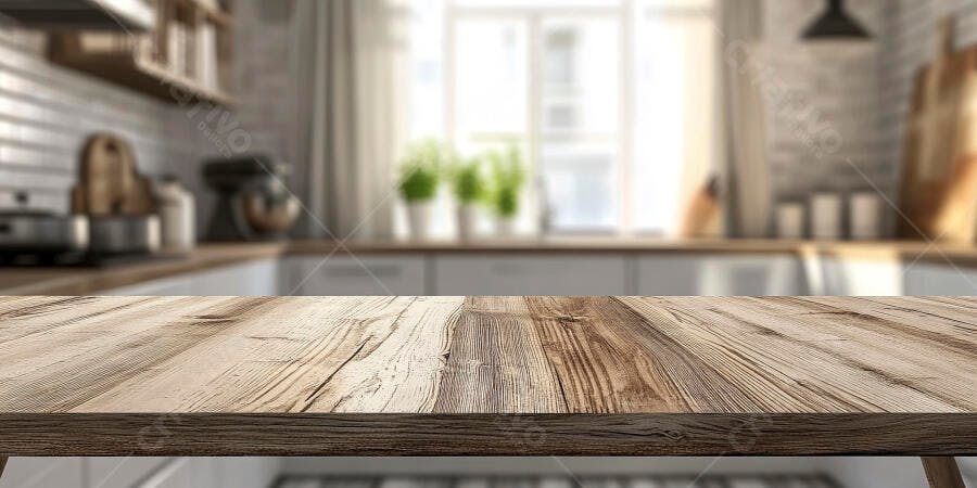 Foto Mesa de Madeira Vazia Foco em Superfície Cozinha Moderna