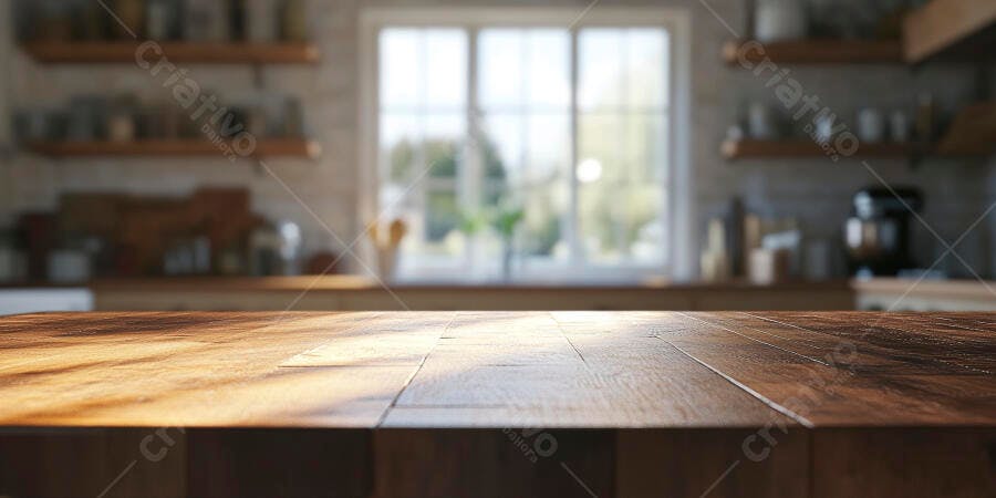 Foto Bancada de Madeira Cozinha Moderna Fundo Desfocado