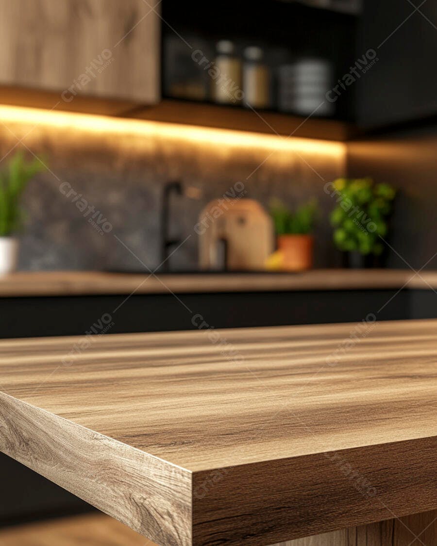 Foto Bancada de Cozinha Madeira Fundo Borrado Iluminação LED