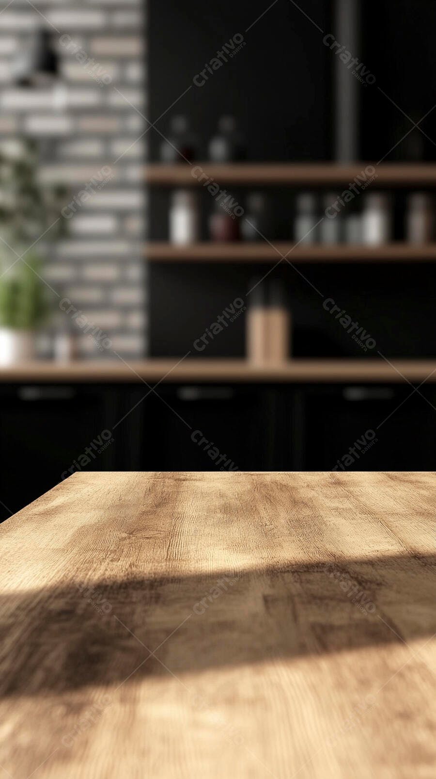 Foto Mesa de Madeira Vazia Fundo Cozinha Moderna Escura