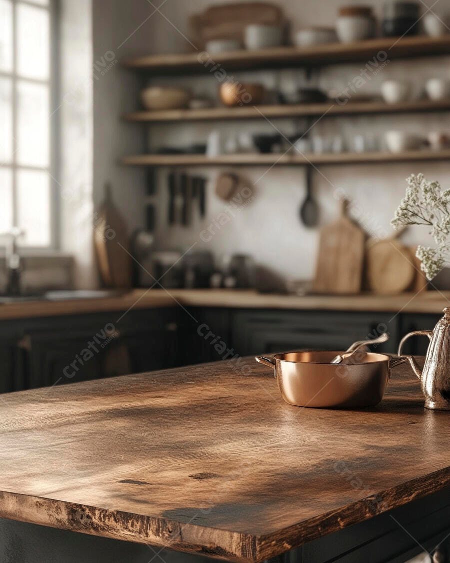 Foto Bancada de Cozinha Rústica com Utensílios Cobre