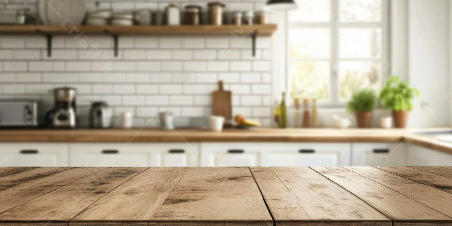 Foto Bancada de Madeira Cozinha Moderna Fundo Desfocado