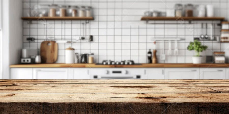 Foto Bancada de Madeira Cozinha Moderna Fundo Desfocado