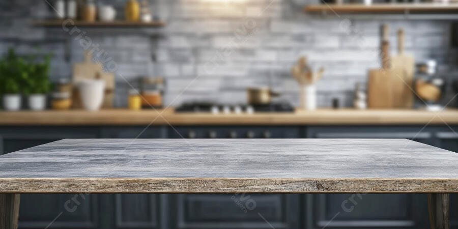 Foto Mesa de Madeira Vazia Cozinha Moderna Fundo Desfocado