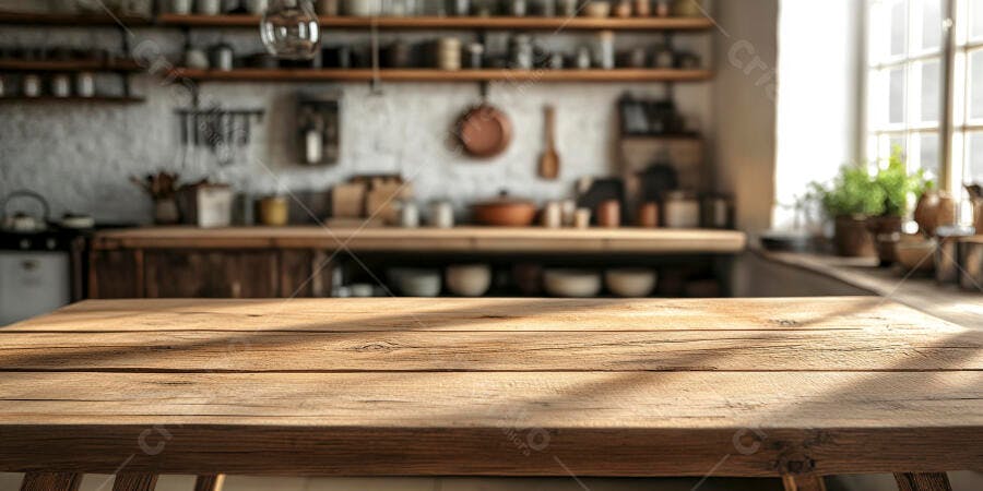 Foto Mesa de Madeira Cozinha Rústica Fundo Desfocado Luz Natural