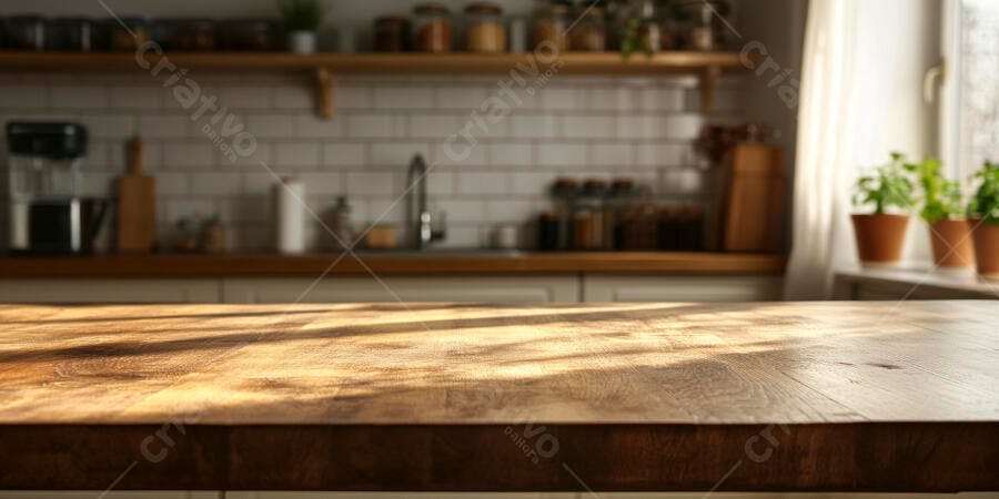 Foto Bancada de Cozinha Madeira com Luz Solar Fundo Desfocado