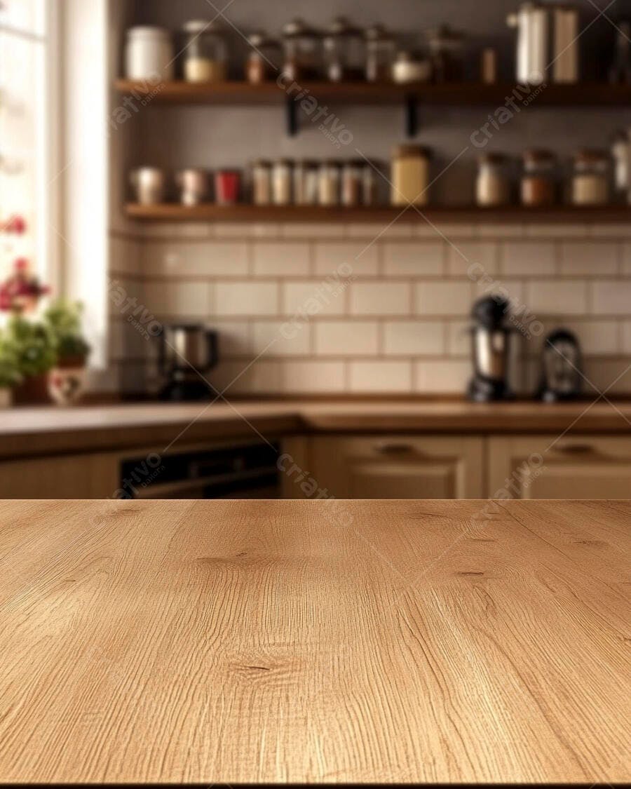 Foto Bancada de Madeira Cozinha Moderna Fundo Desfocado