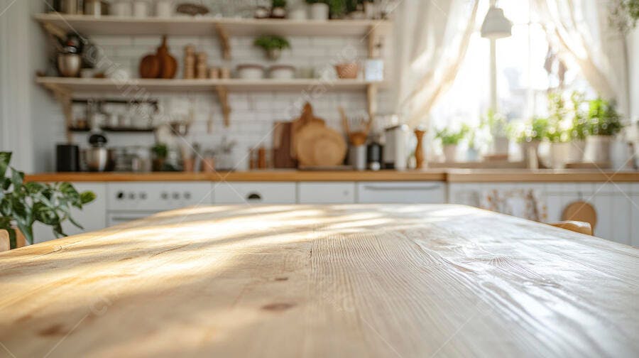 Foto Mesa de Madeira Vazia Cozinha Moderna Iluminação Natural