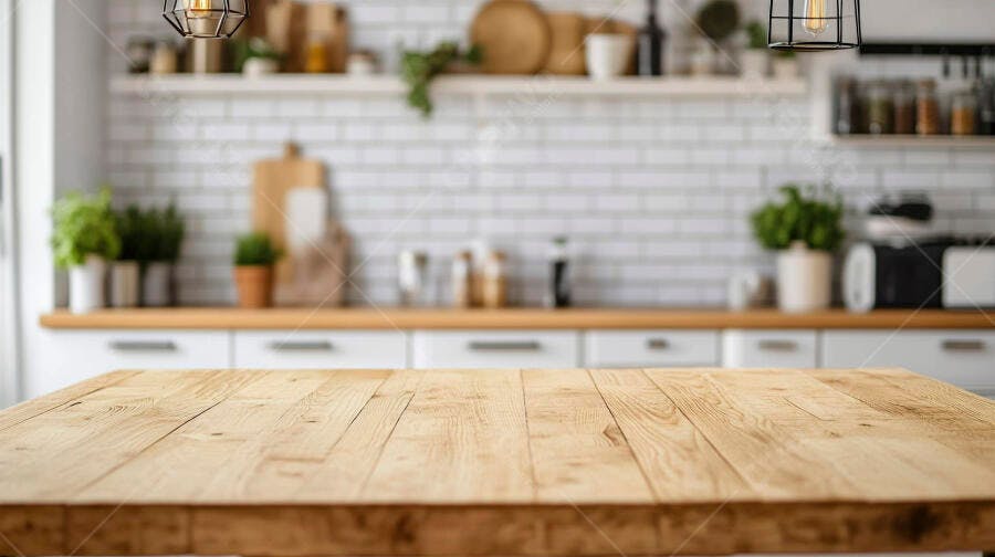 Foto Mesa de Madeira Vazia Cozinha Moderna Fundo Desfocado
