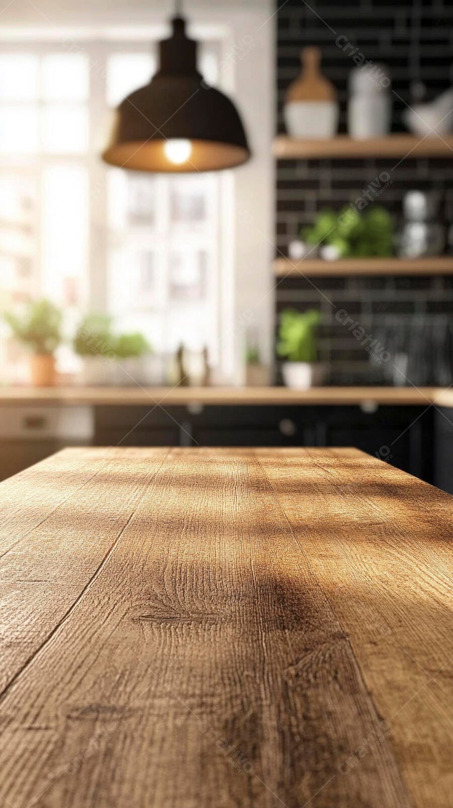 Foto Mesa de Madeira Rústica Cozinha Moderna Fundo Desfocado