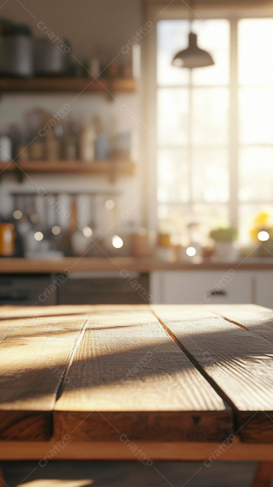 Foto Mesa de Madeira Cozinha Iluminada por Sol Fundo Desfocado