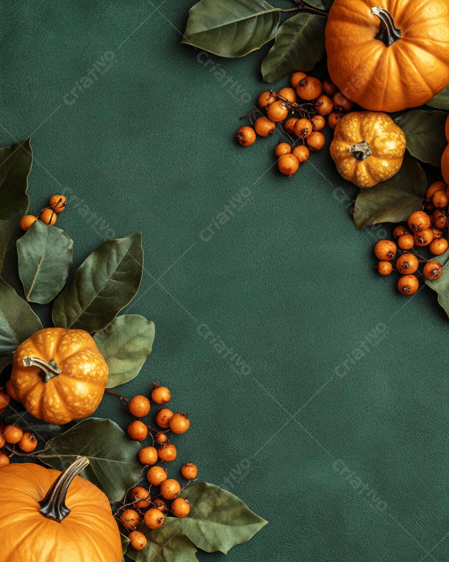 Foto Abóboras e Bagas de Outono Fundo Verde Escuro