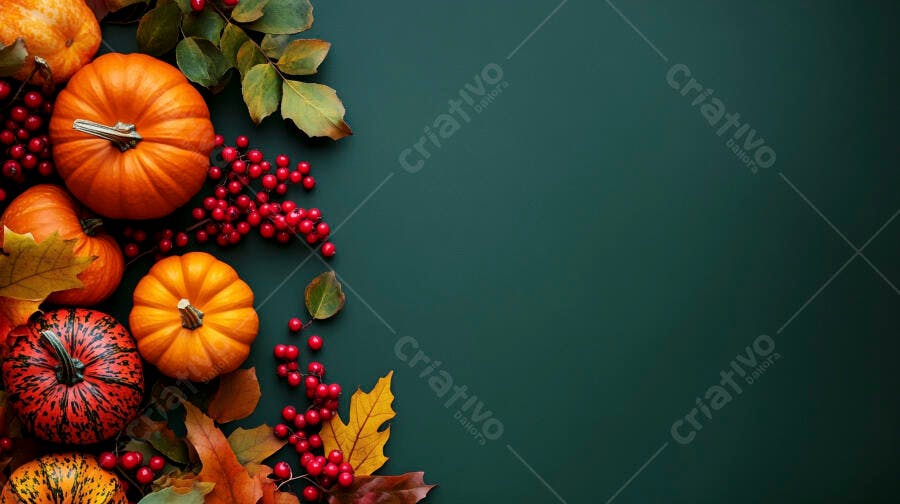 Foto Abóboras e Folhas Outono Fundo Verde Escuro Flat Lay