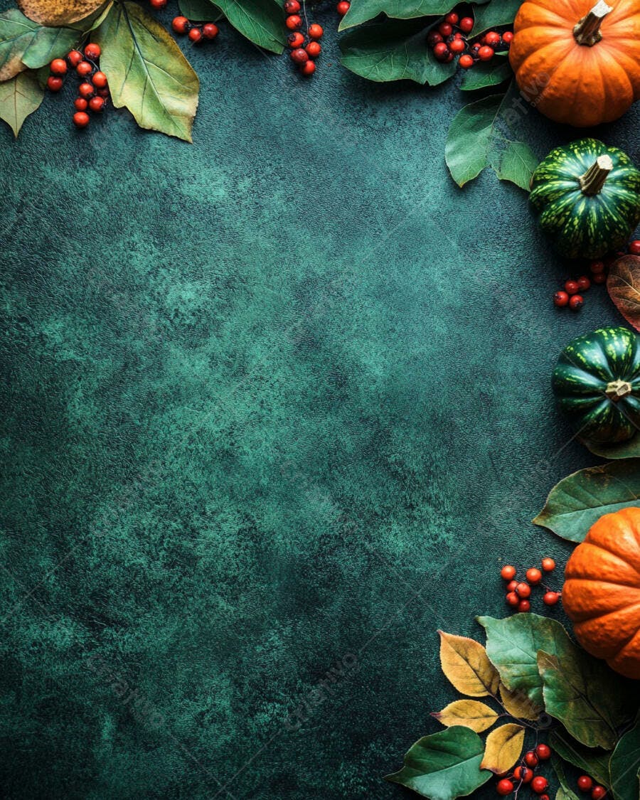 Foto Abóboras Folhas Outono Fundo Verde Escuro Textura