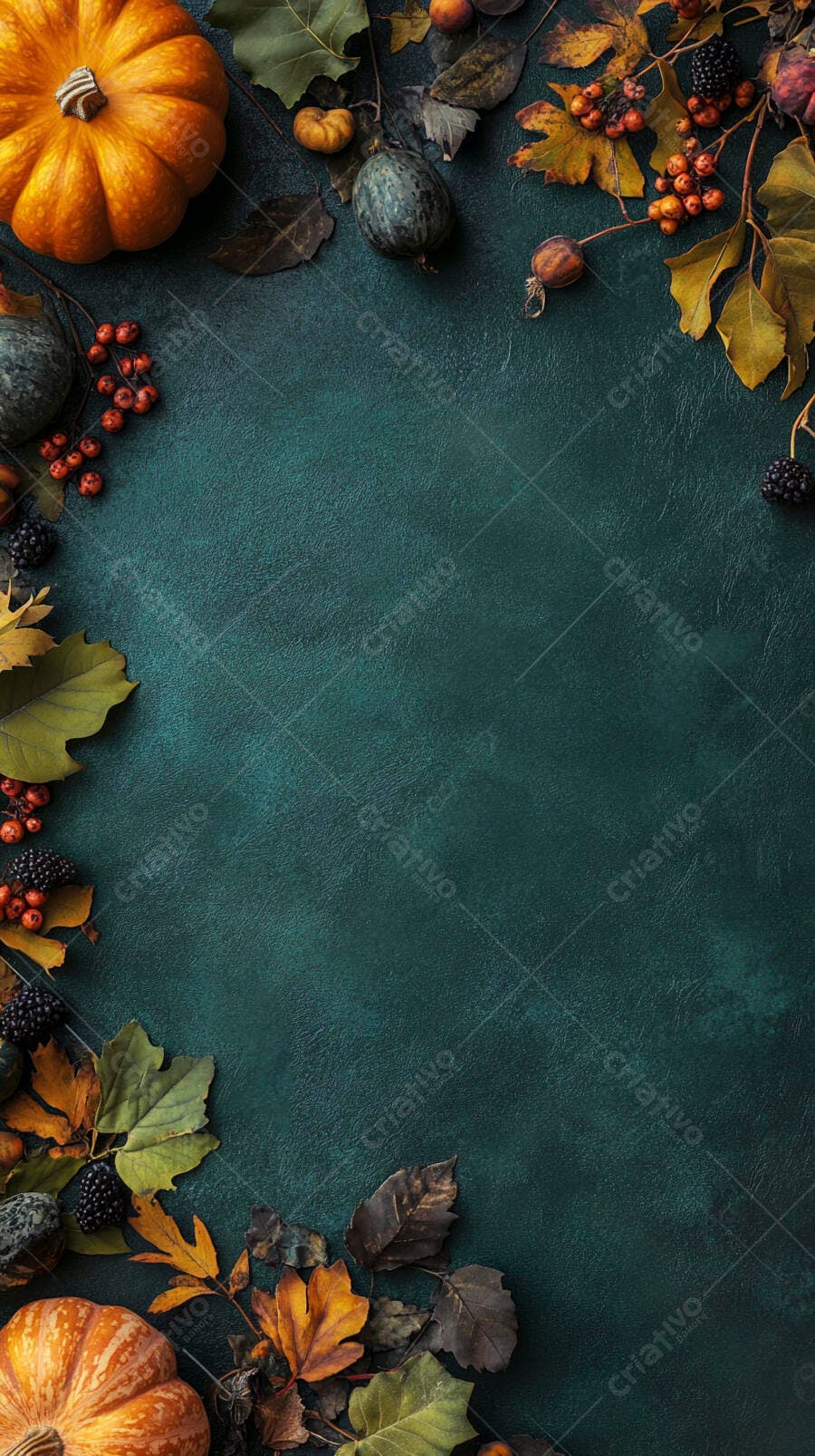 Foto Abóboras Folhas Outono Fundo Verde Escuro Texturizado