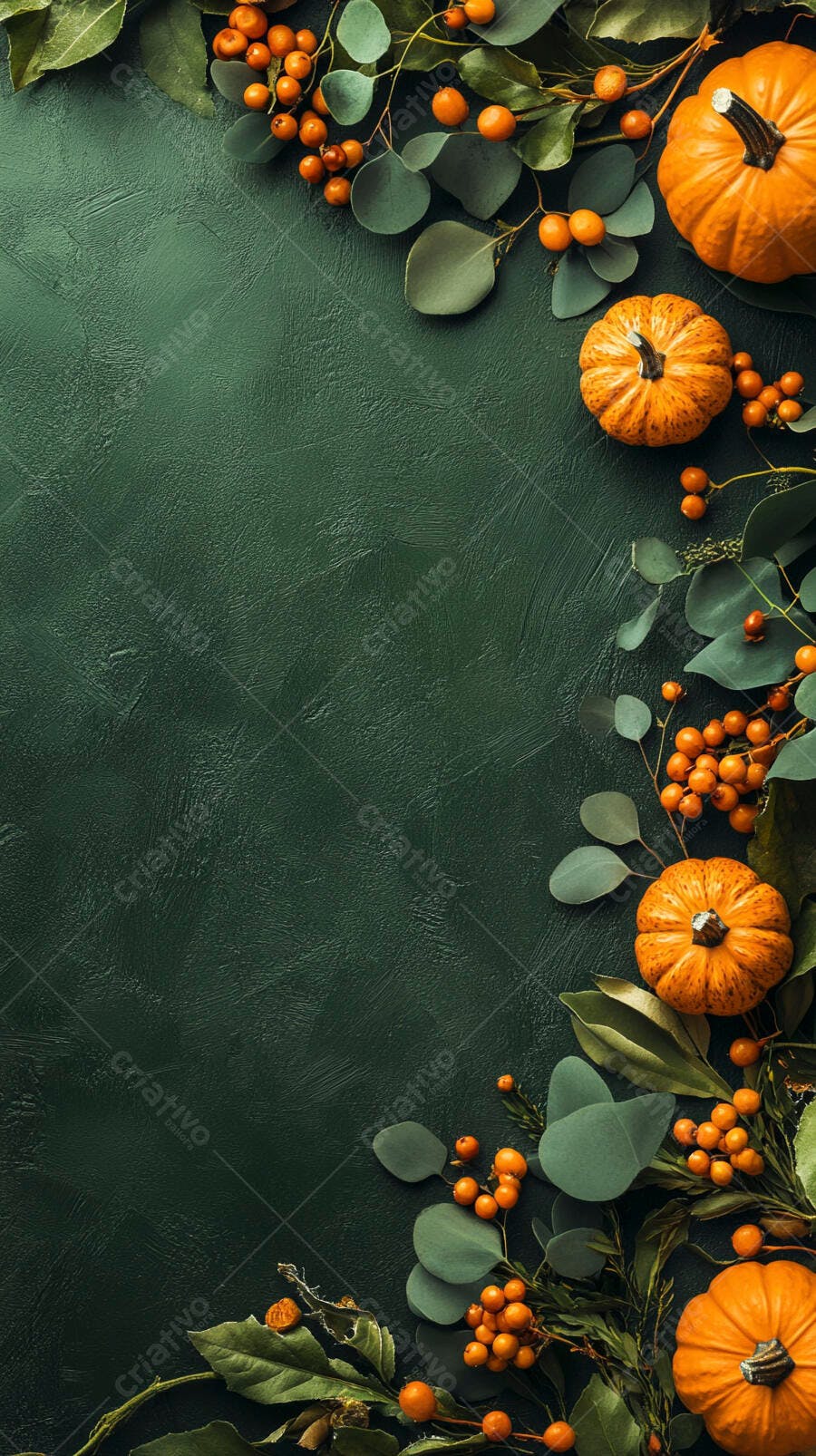 Foto Abóboras e Folhas de Outono Fundo Verde Escuro Texturizado