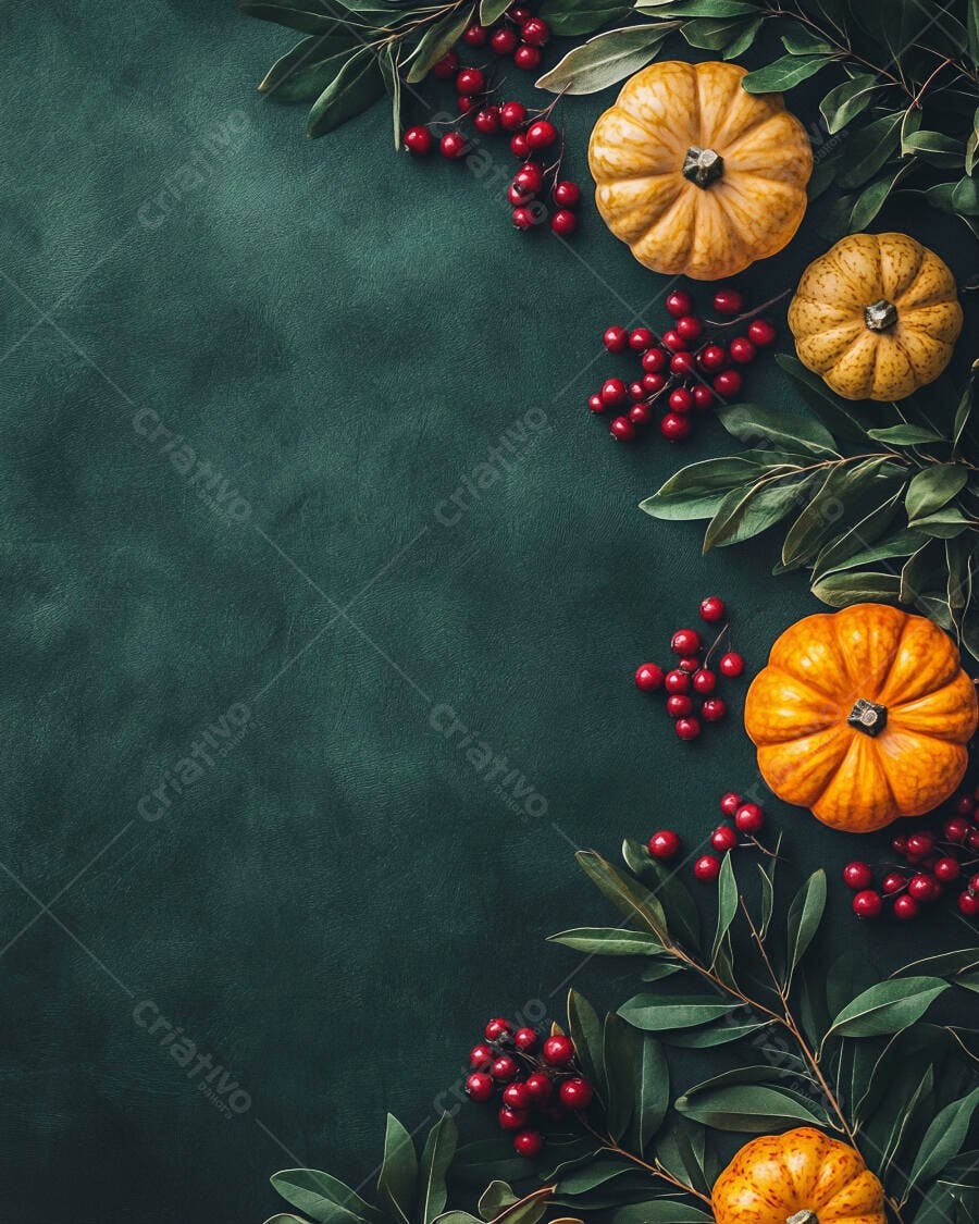Foto Abóboras e Folhas Outono Fundo Escuro Flat Lay