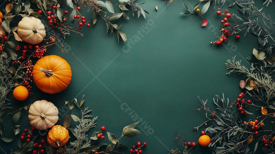 Foto Abóboras e Folhas Outono Fundo Verde Escuro Flat Lay