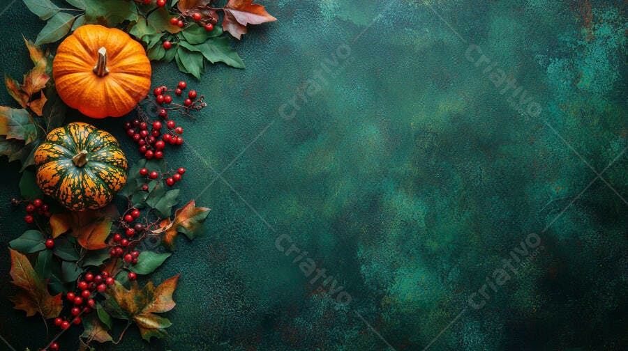 Foto Abóboras Folhas Outono Fundo Verde Escuro Texturizado