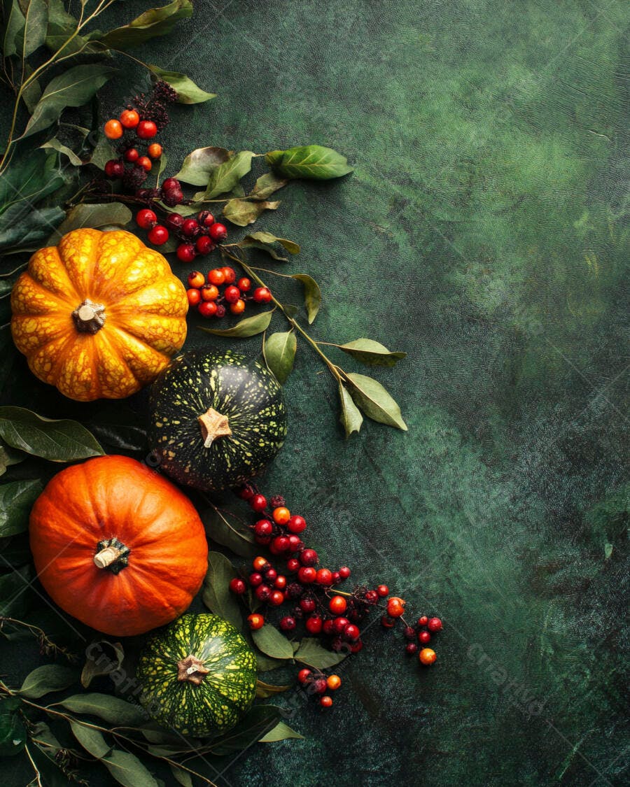 Foto Abóboras e Frutas Vermelhas Fundo Verde Escuro Outono