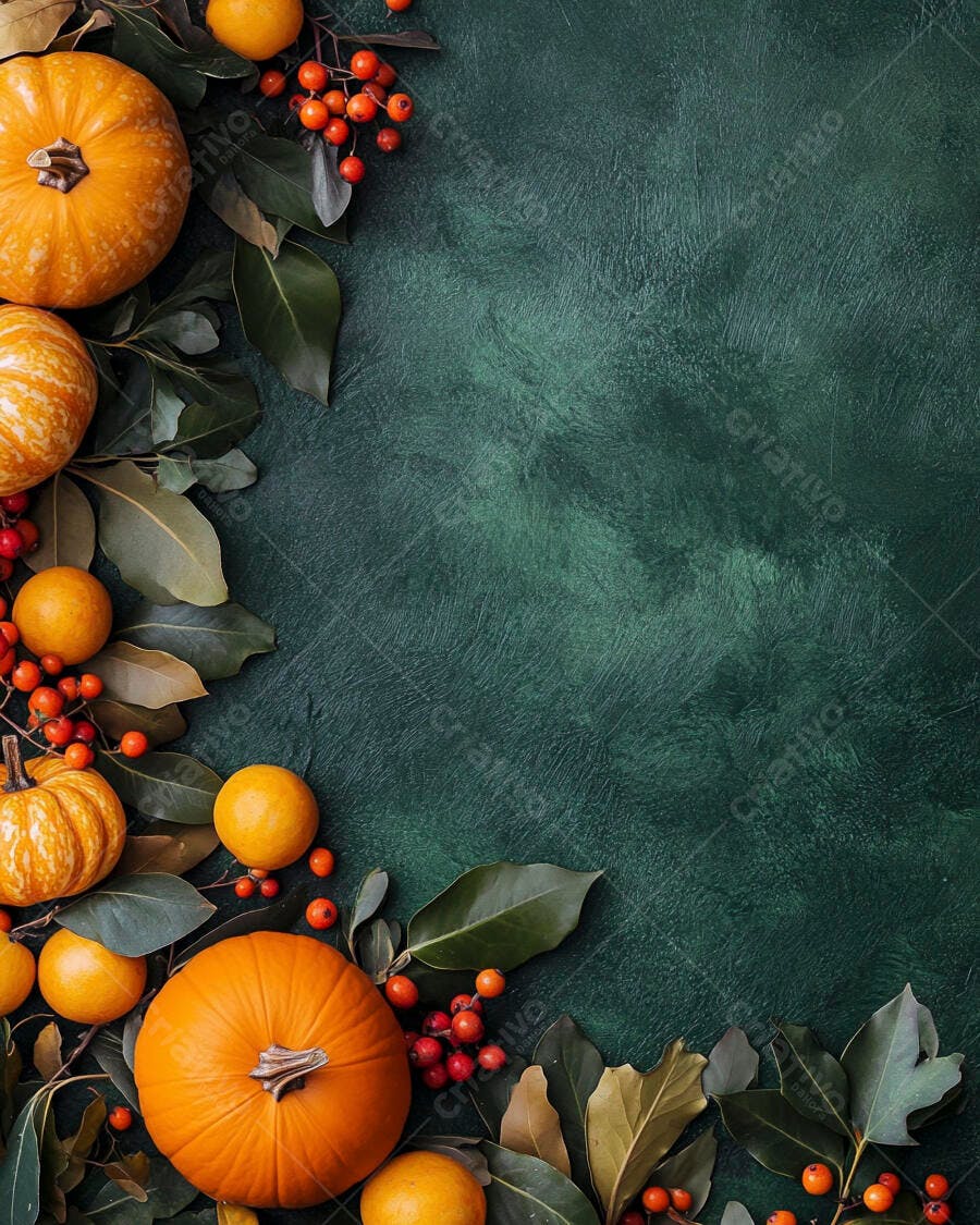 Foto Abóboras Folhas Frutas Outono Fundo Verde Escuro