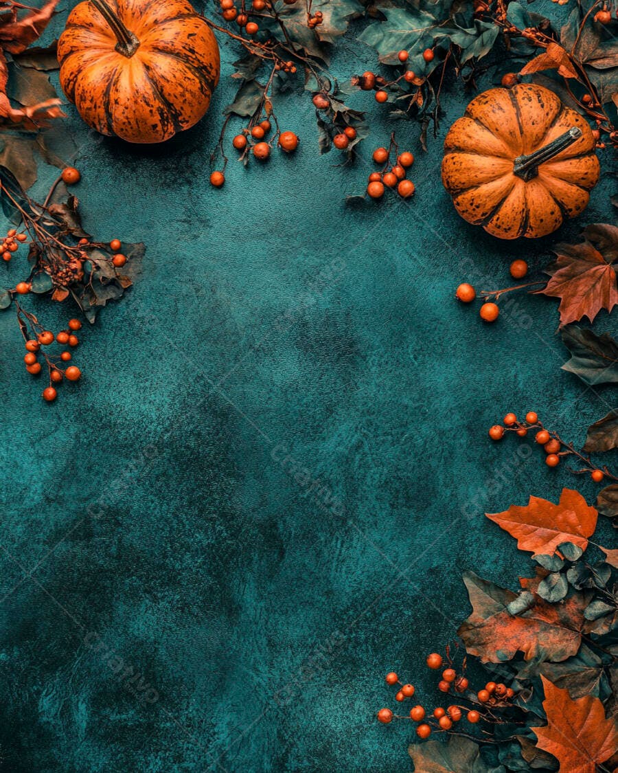 Foto Abóboras Folhas Outono Fundo Texturizado Azul Escuro