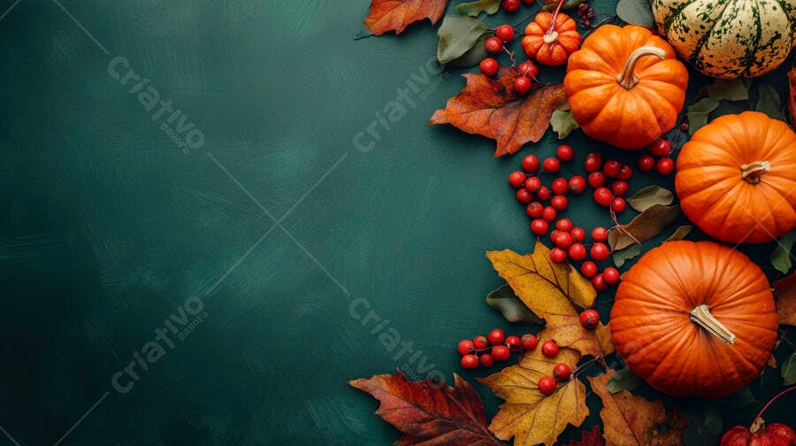 Foto Abóboras Folhas Outono Fundo Verde Escuro Flat Lay