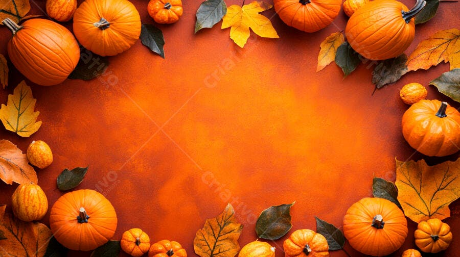 Foto Abóboras e Folhas de Outono Fundo Laranja Textura