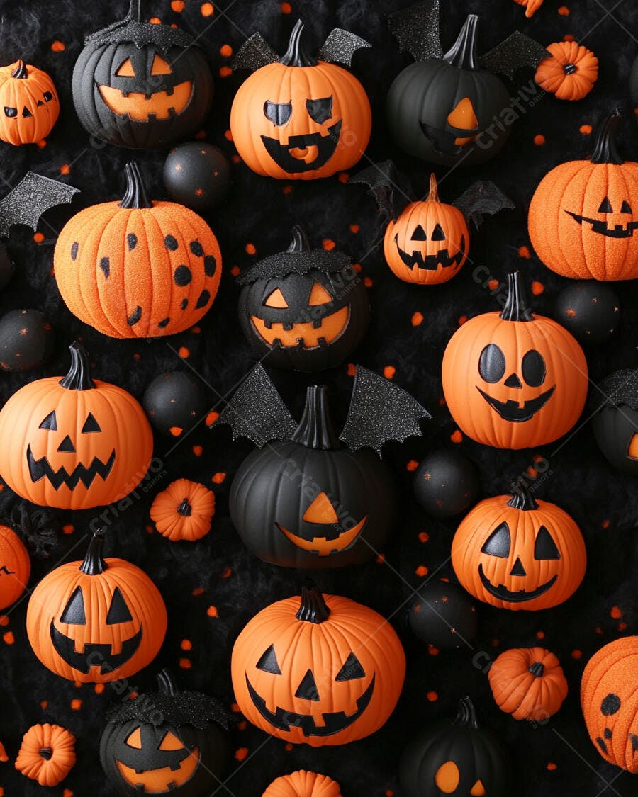 Foto Abóboras Halloween Laranjas e Pretas Fundo Escuro Outubro