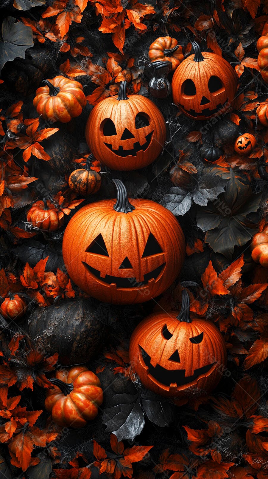 Foto Abóboras Halloween Entalhadas Folhas Outono Escuras