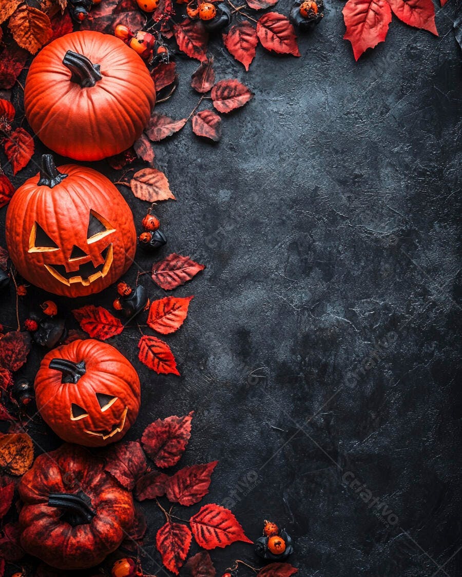 Foto Abóboras Halloween Folhas Outono Fundo Escuro