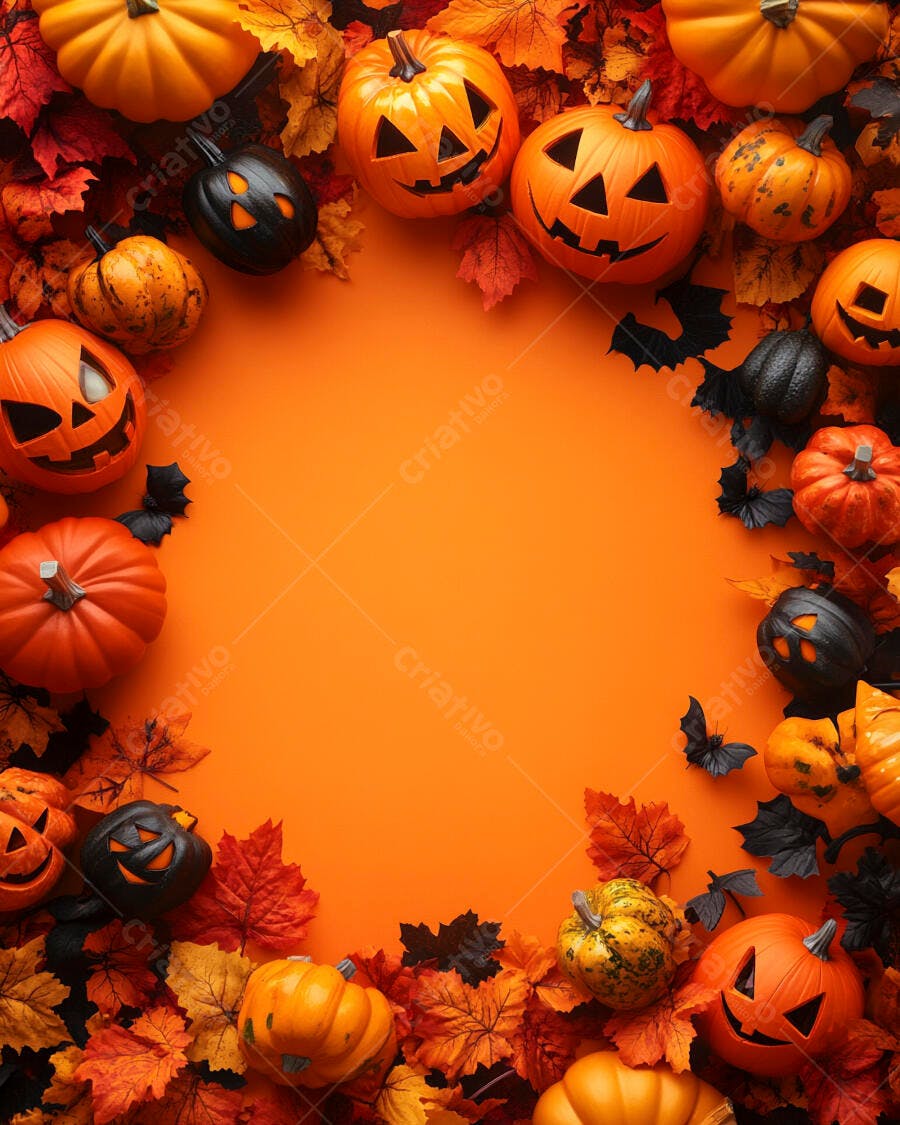 Foto Halloween Abóboras Folhas Outono Fundo Laranja Espaço Texto