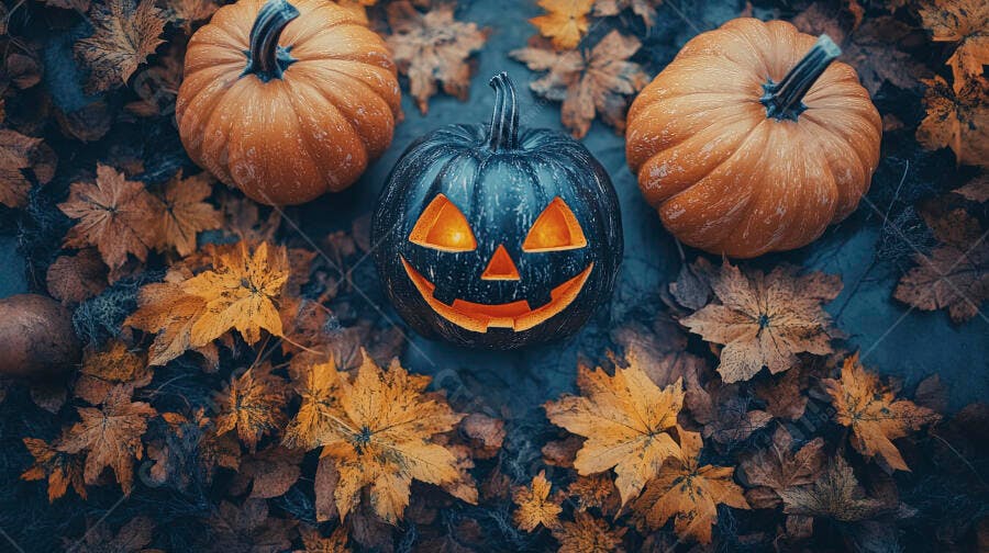 Foto Abóbora Halloween Jack-o'-lantern Folhas Outono Escuro