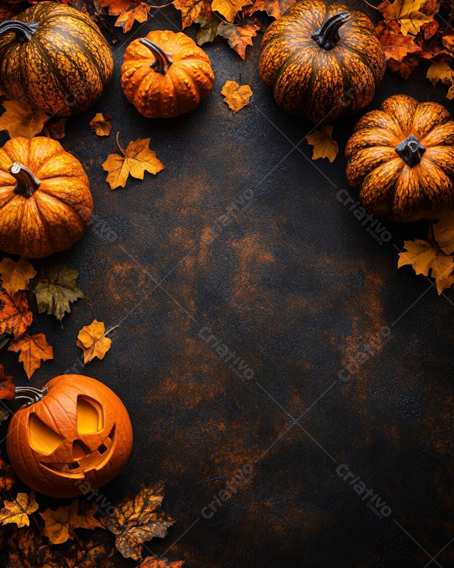 Foto Abóboras Halloween Folhas Outono Fundo Escuro
