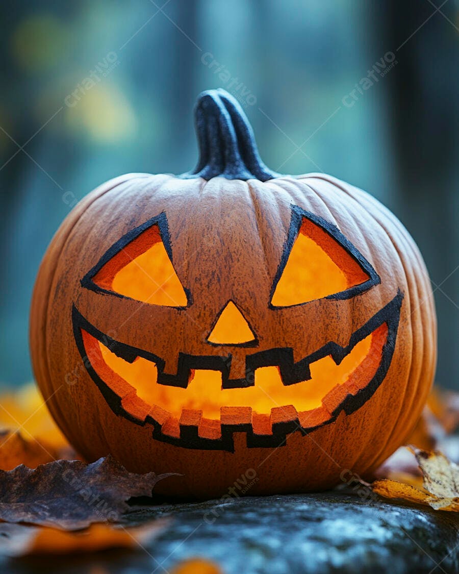 Foto Abóbora Halloween Iluminada Noturna Folhas Secas Outubro