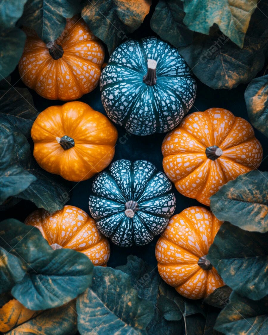 Foto Abóboras Decorativas Laranjas e Azuis com Folhas Outono