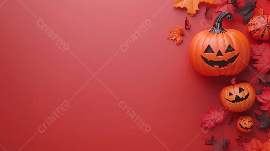 Foto Abóboras de Halloween Decoração Folhas Outono Fundo Vermelho