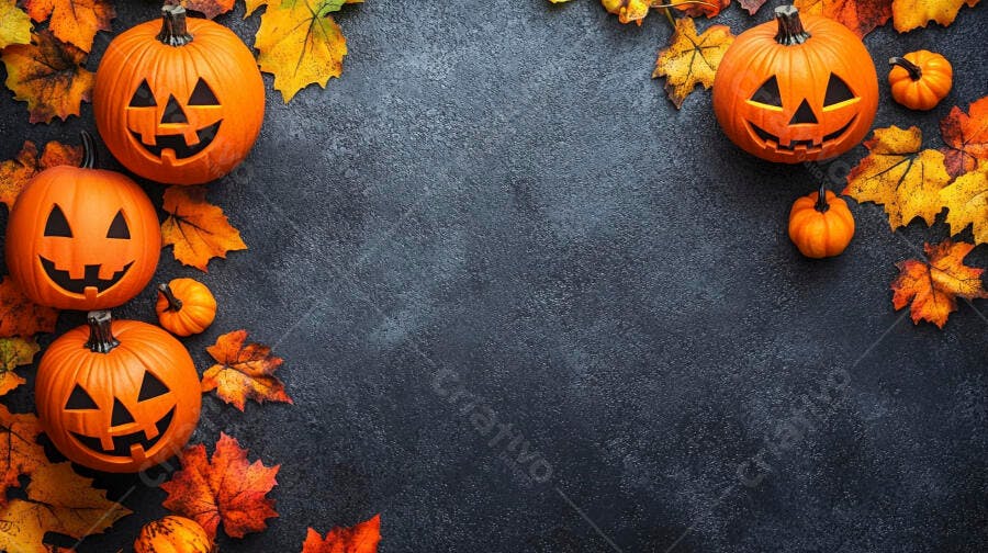 Foto Abóboras de Halloween Folhas Outono Fundo Escuro