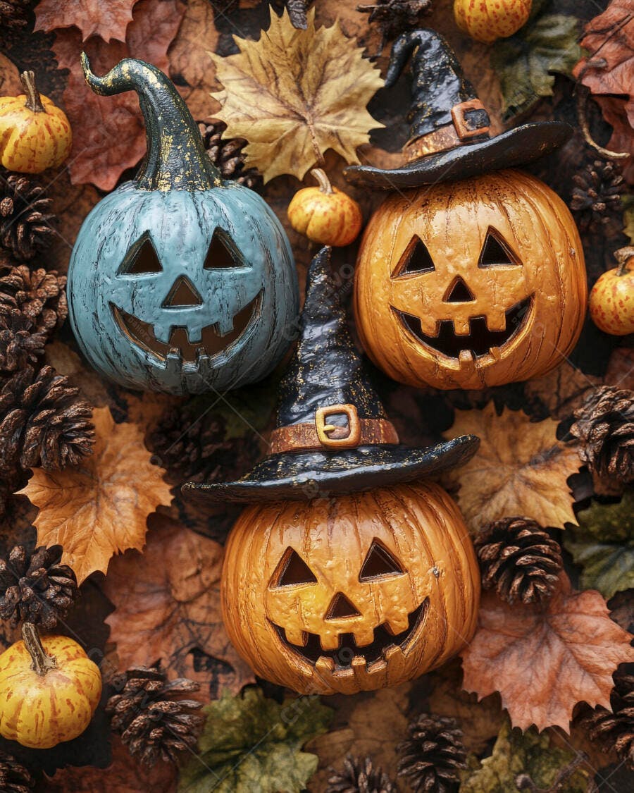 Foto Abóboras Halloween Chapéus Bruxas Folhas Outono