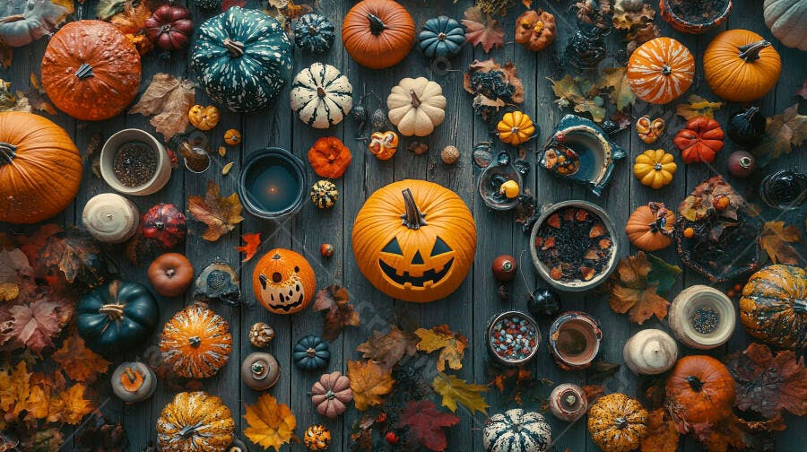 Foto Halloween Abóboras Folhas Outono Decoração Fundo Escuro